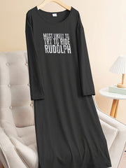 Plus Size Basic Loungewear Dress Long Sleeve Round Neck Stretch Nightdress