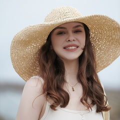 Khaki Wide Brim Sun Hat Oversized Crochet Straw Beach Travel Cap