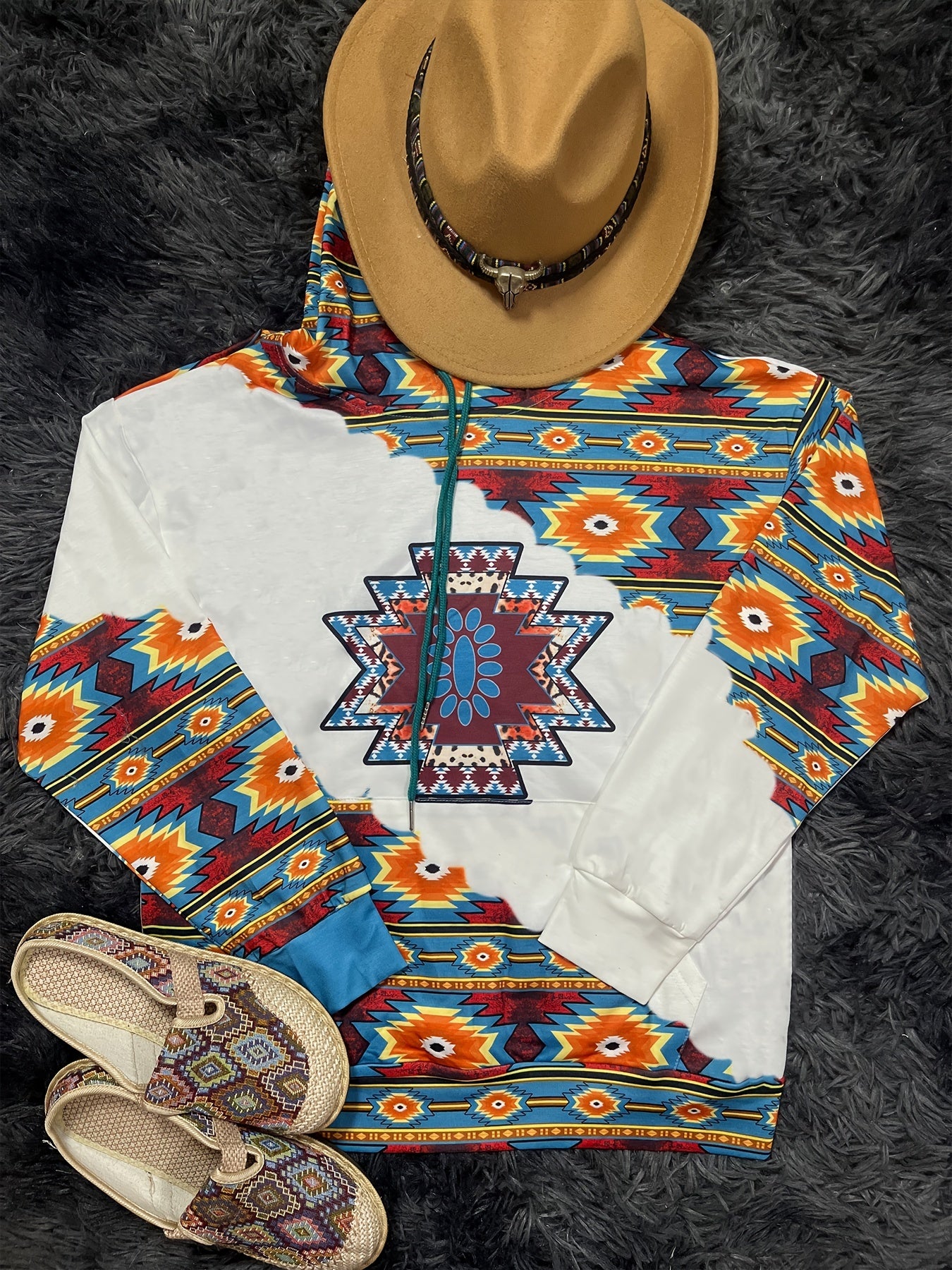 Ethnic Print Kangaroo Pocket Hoodie Long Sleeve Drawstring Hoodies