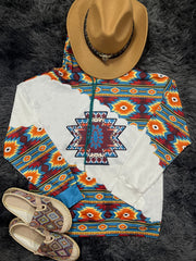 Ethnic Print Kangaroo Pocket Hoodie Long Sleeve Drawstring Hoodies
