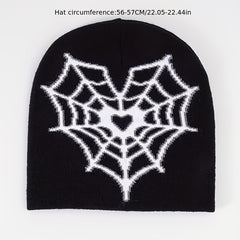 Heart Spider Web Beanie Gothic Knit Hat Y2K Skull Cap Warm Elastic Beanies