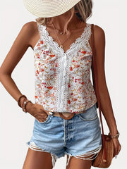 Floral Print Lace Tank Top V Neck Sleeveless Summer Top