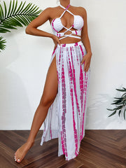 Tie Dye Halter Bikini Set with Cover Up Skirt