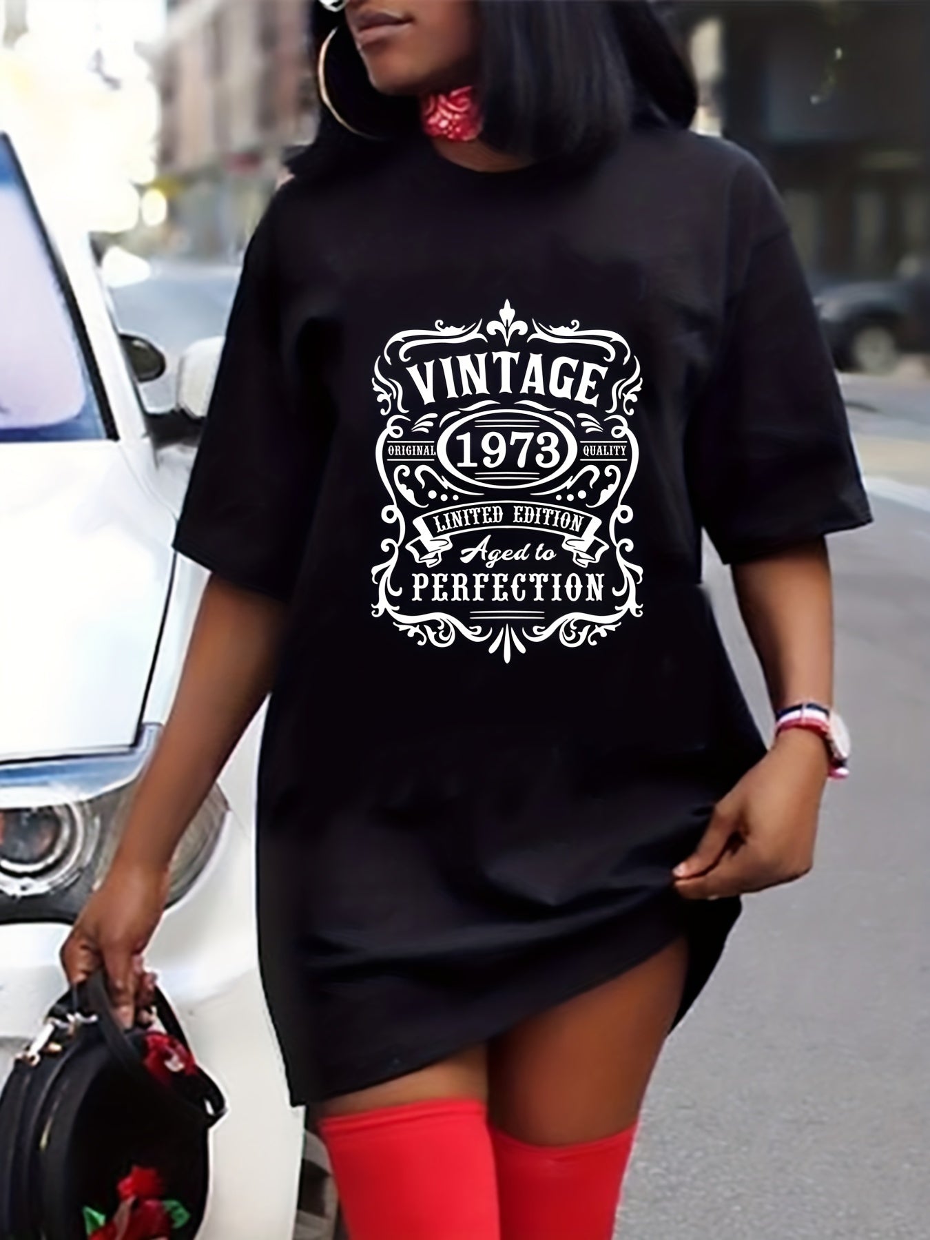 Retro Dress Women's Plus Number & Letter Print Tee Dress