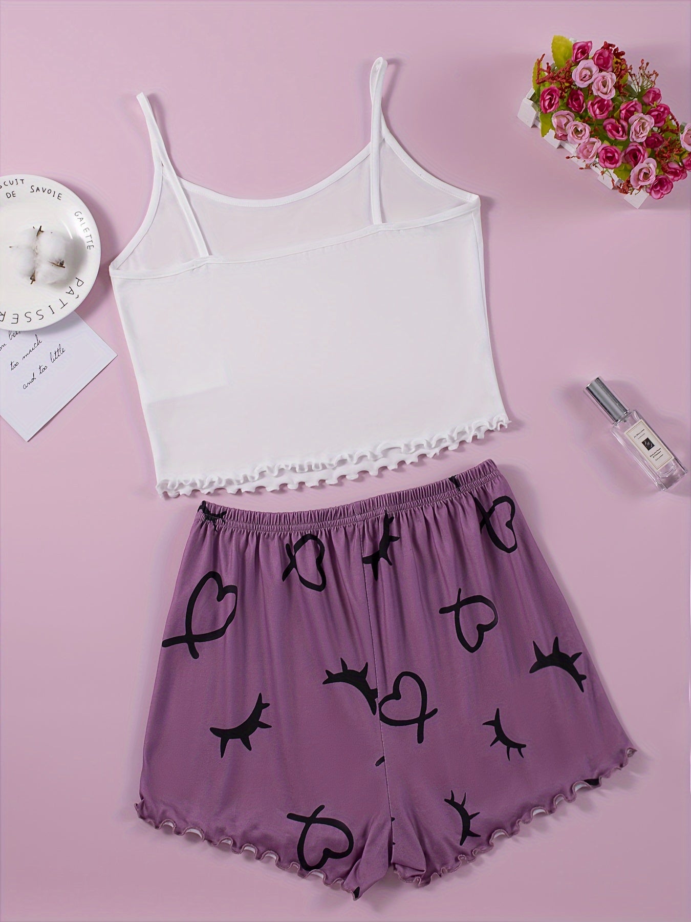 Heart & Eyelash Print Pajama Set Cami Top & Shorts Women's Sleepwear