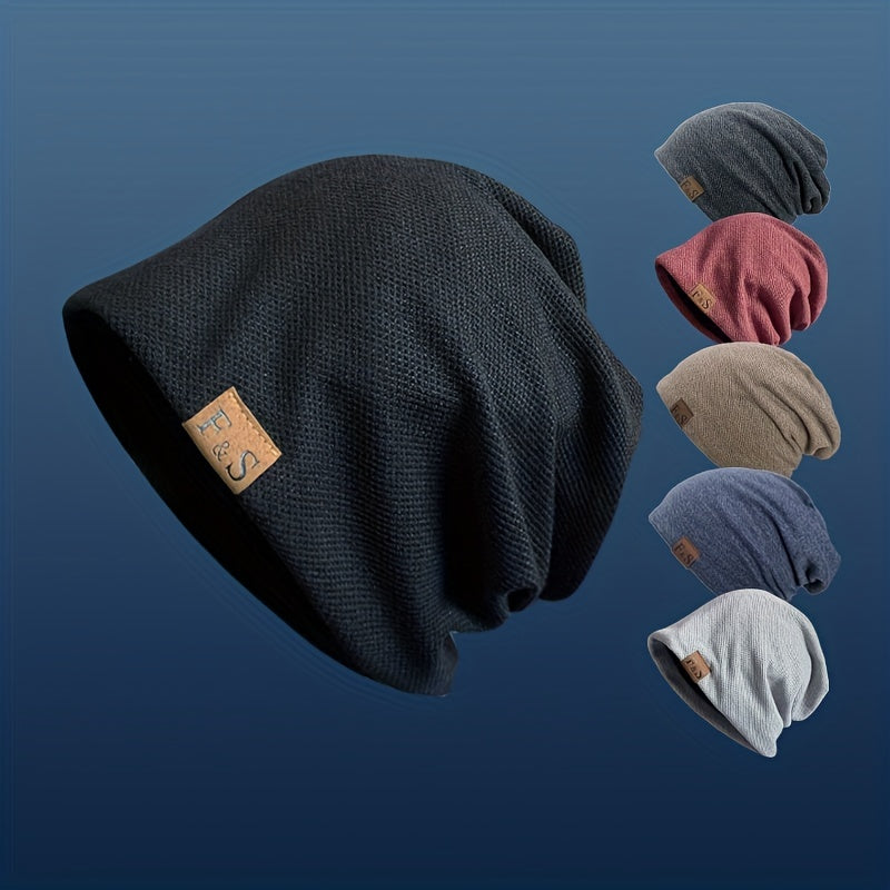 Label Patch Slouchy Beanie Lightweight Skull Cap Elastic Knit Hat