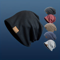 Label Patch Slouchy Beanie Lightweight Skull Cap Elastic Knit Hat
