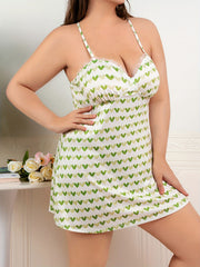 Women's Lace Trim Heart Print Halter Cami Sleep Dress