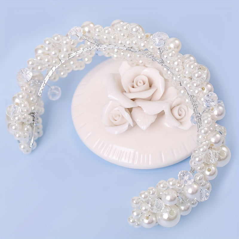 Faux Pearl Bridal Hair Piece Crystal Headband for Women