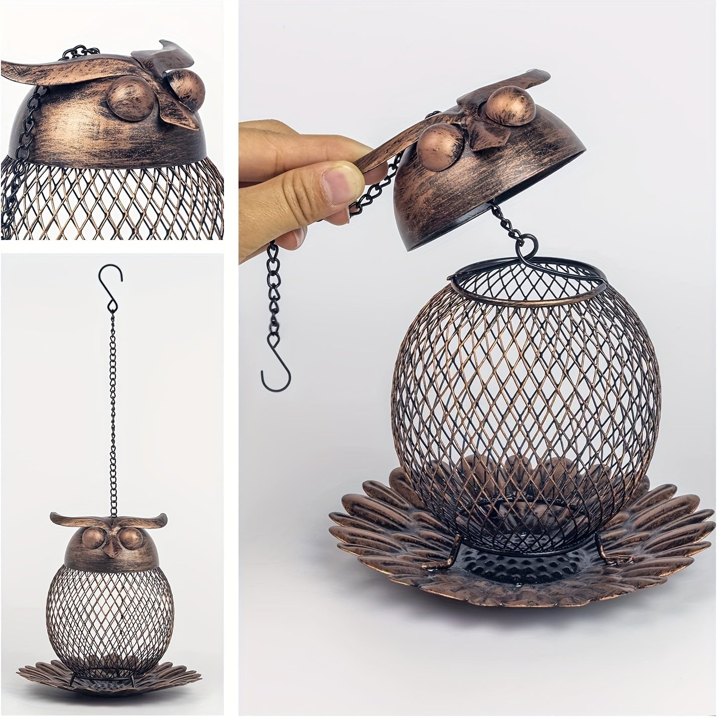 Owl Shaped Hanging Bird Feeder Copper Metal Mesh Wild Finch Bird Feeder