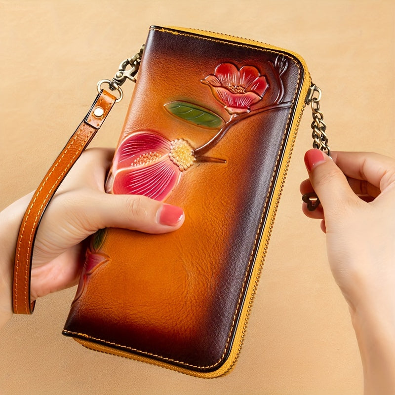 Vintage Floral Leather Long Wallet with Wristlet