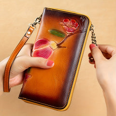 Vintage Floral Leather Long Wallet with Wristlet