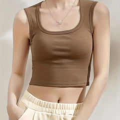 Solid Square Neck Tank Top Wide Straps Padded Sports Vest Top