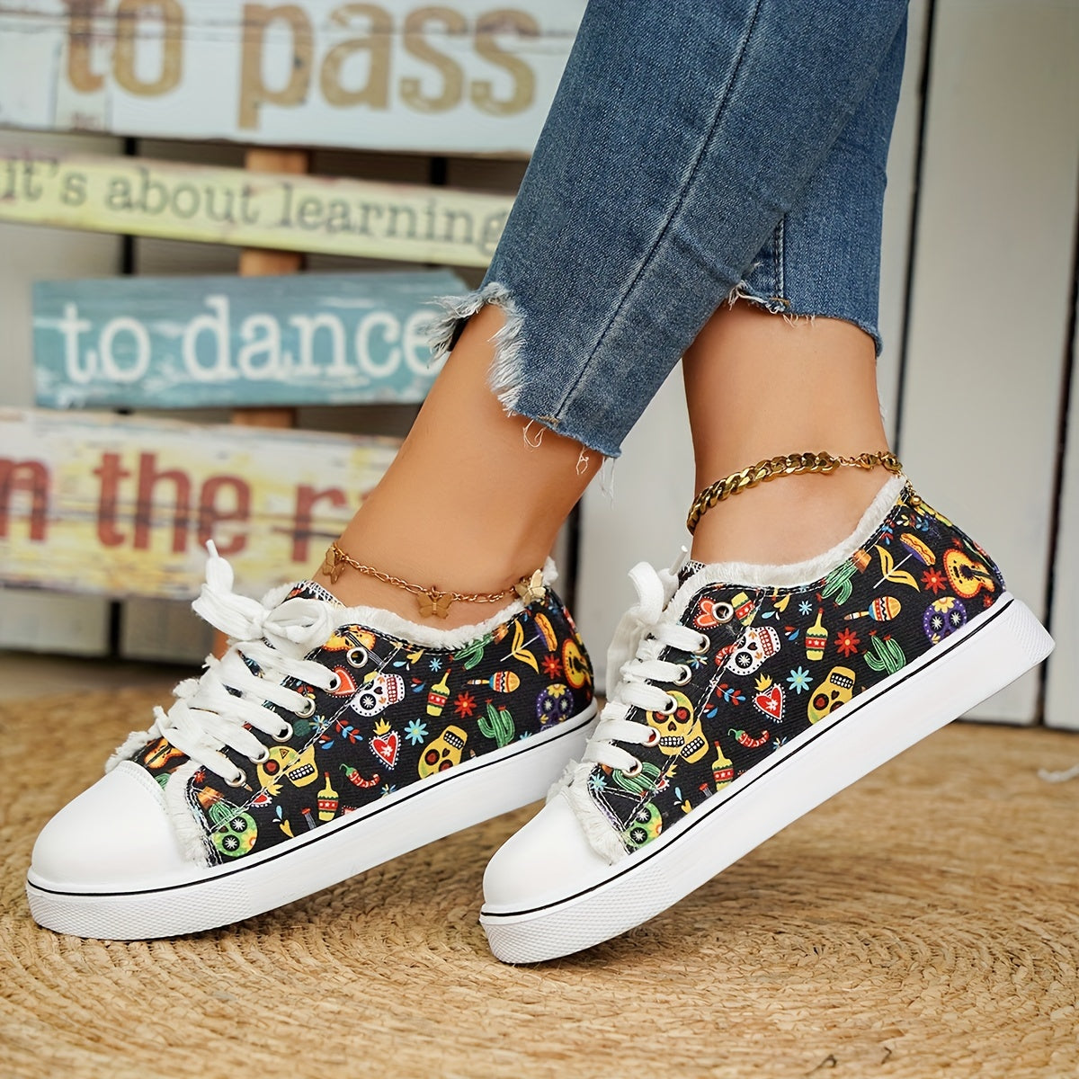 Women's Skull Canvas Sneakers Halloween Lace Up Flats