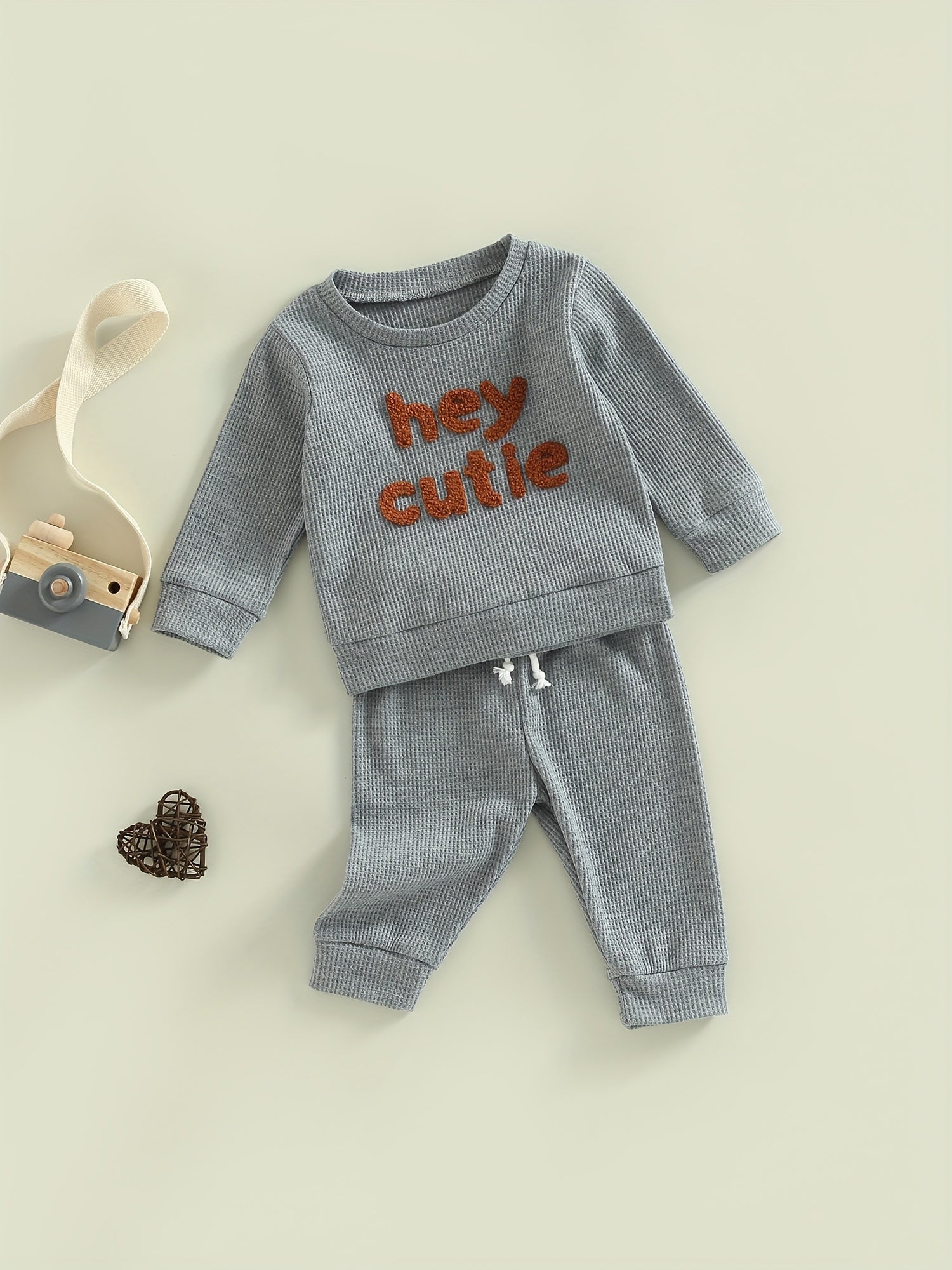 Baby Boy's Waffle Set Embroidered Sweatshirt & Trousers