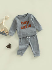Baby Boy's Waffle Set Embroidered Sweatshirt & Trousers