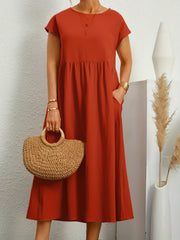 Casual Dress Solid Round Neck Cap Sleeve Midi Dress With Pockets