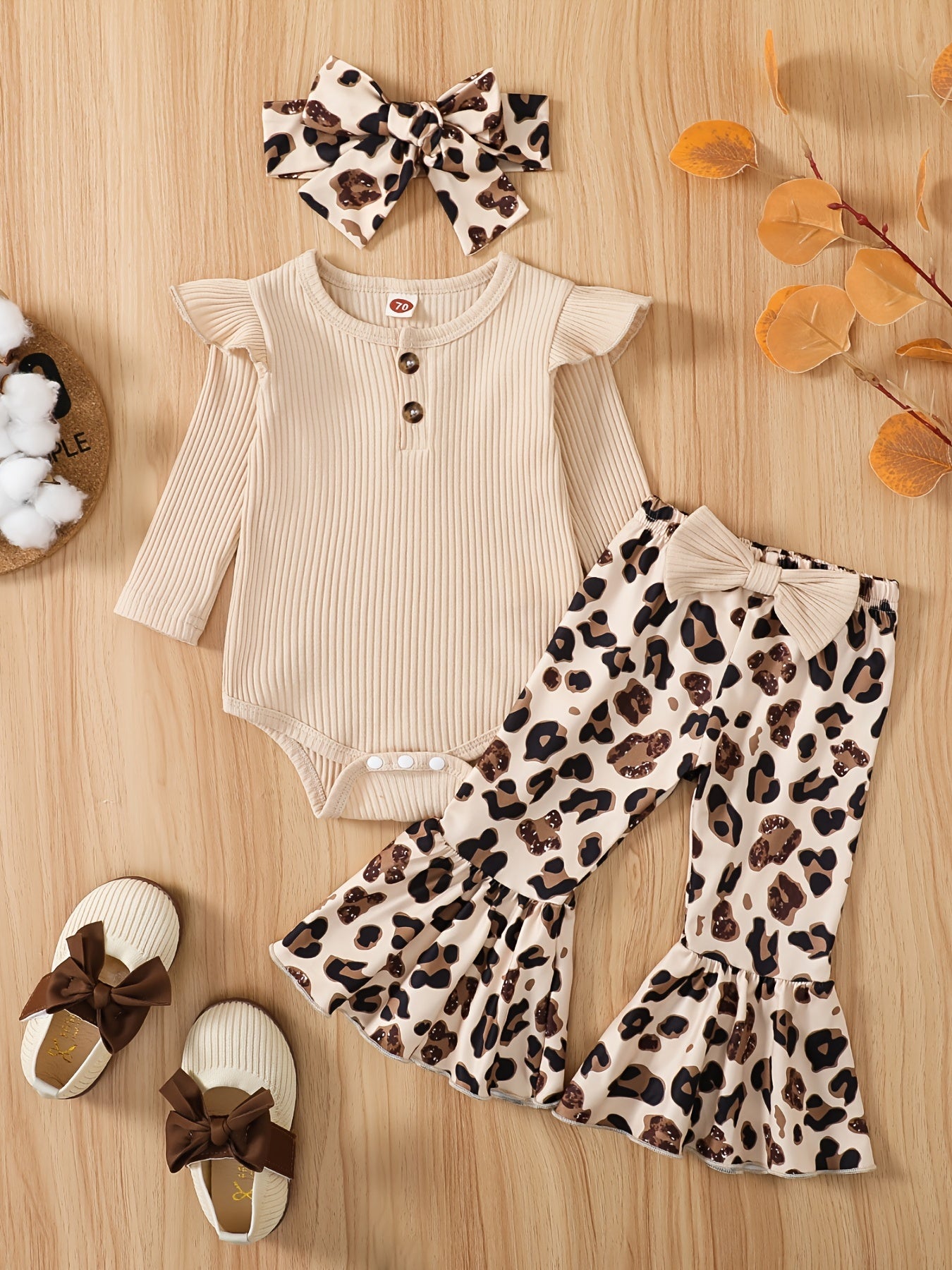 Baby Girls Ribbed Ruffle Long Sleeve Romper Cow Print Flared Pants