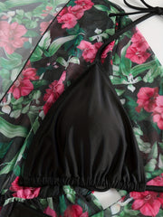 Bikini Set Women's Floral Print Cover Up & Halter Bra Panty Swimsuit
