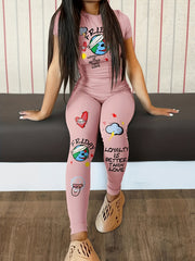 Graffiti Print Two Piece Set Short Sleeve Tops & High Waist Long Pants