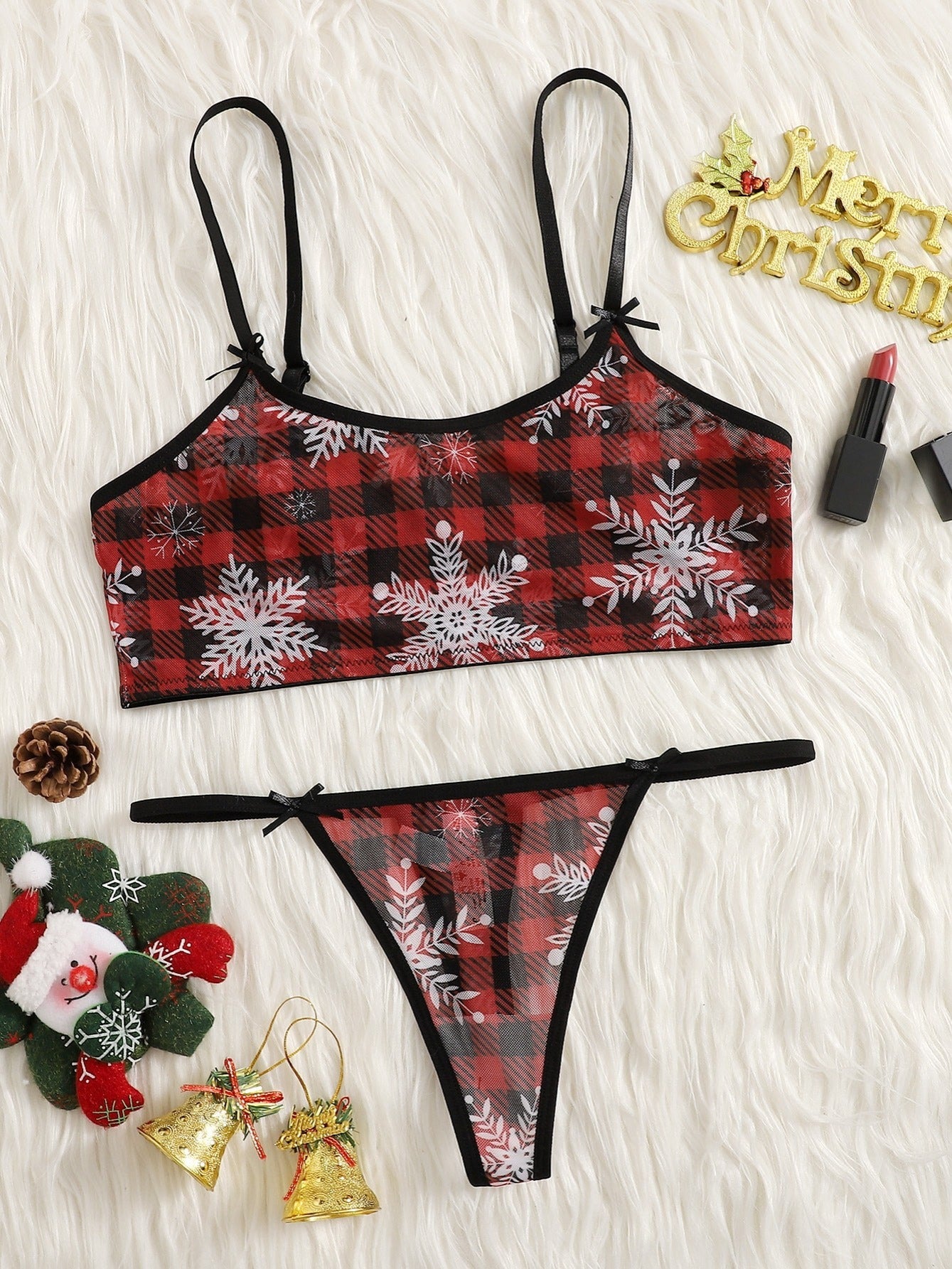 Christmas Plaid Print Sexy Lingerie Set Cami Tops & Thongs