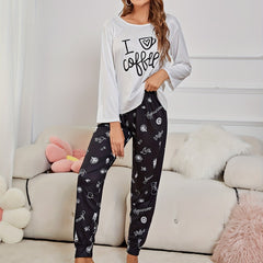 Graphic & Letter Print Pajama Set Long Sleeve Top & Pants