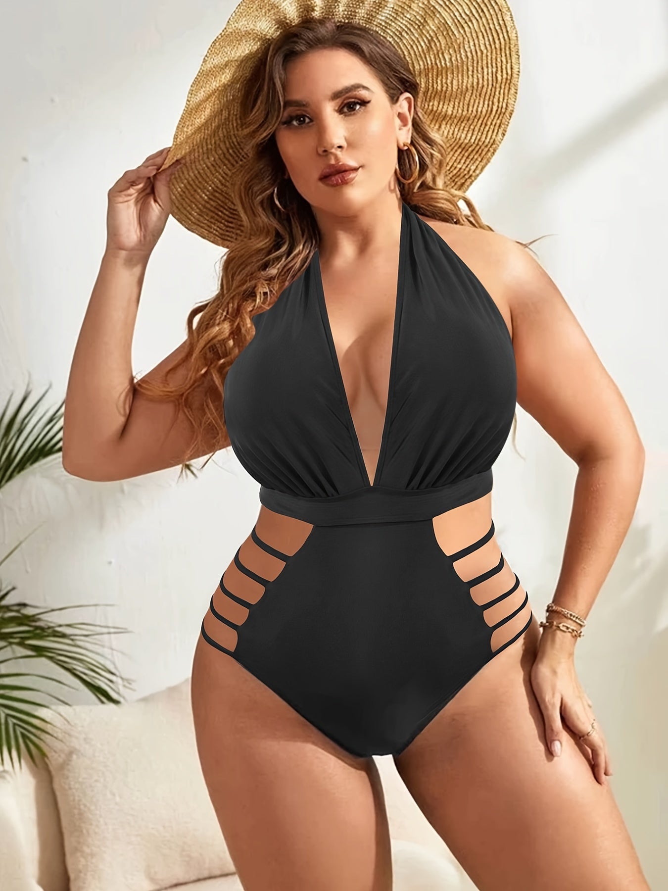 Sexy Deep V Neck One Piece Swimsuit