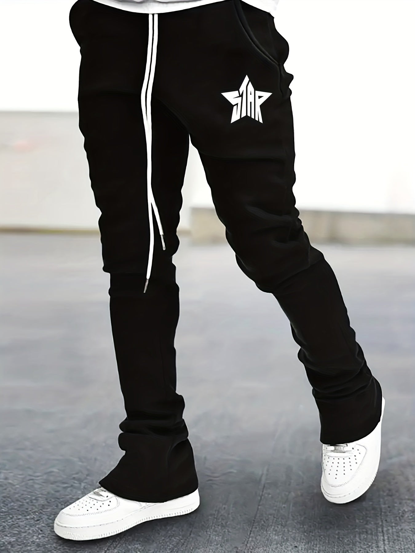 Star Pattern Comfy Flared Trousers Men's Casual Stretch Waist Drawstring Joggers