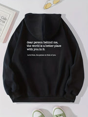 Slogan Print Drawstring Hoodie Casual Loose Hooded Warm Sweatshirt