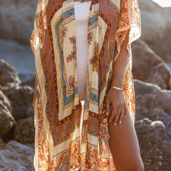 Tassel Decor Cover Up Shirt V Neck Loose Fit Semi Sheer Beach Robes