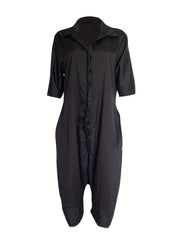Casual Jumpsuit Women's Plus Solid Button Up Half Sleeve