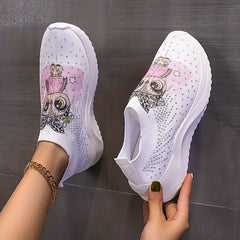 Women's Rhinestone Platform Sneakers Slip On Outdoor Shoes Cut Cartoon Print