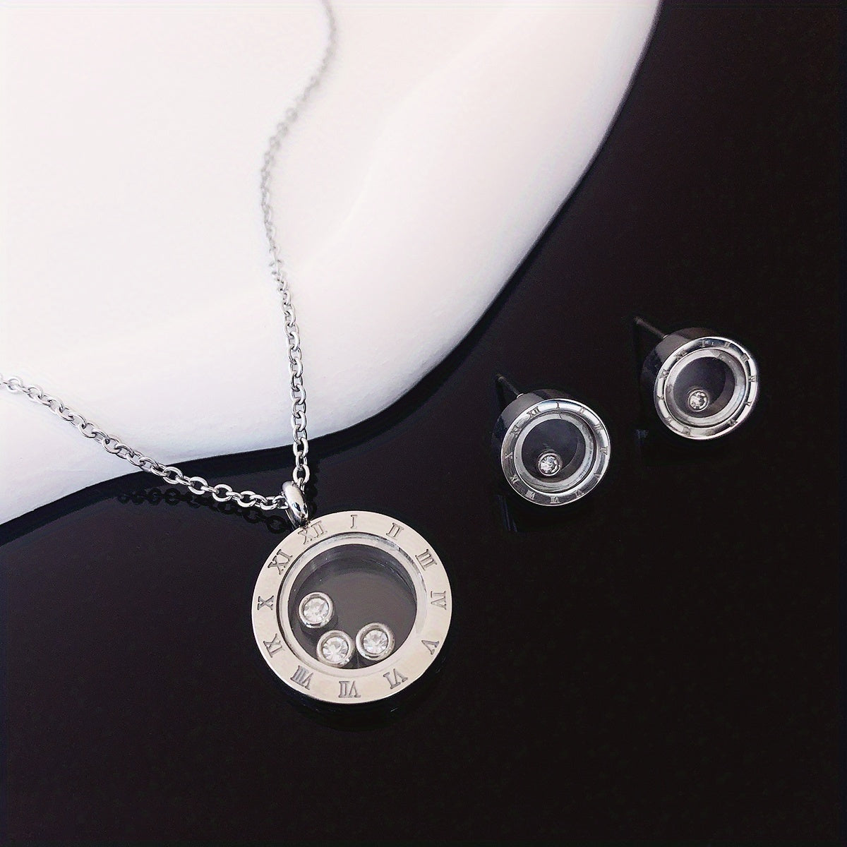 3pcs Round Shape Rhinestone Stainless Steel Jewelry Set