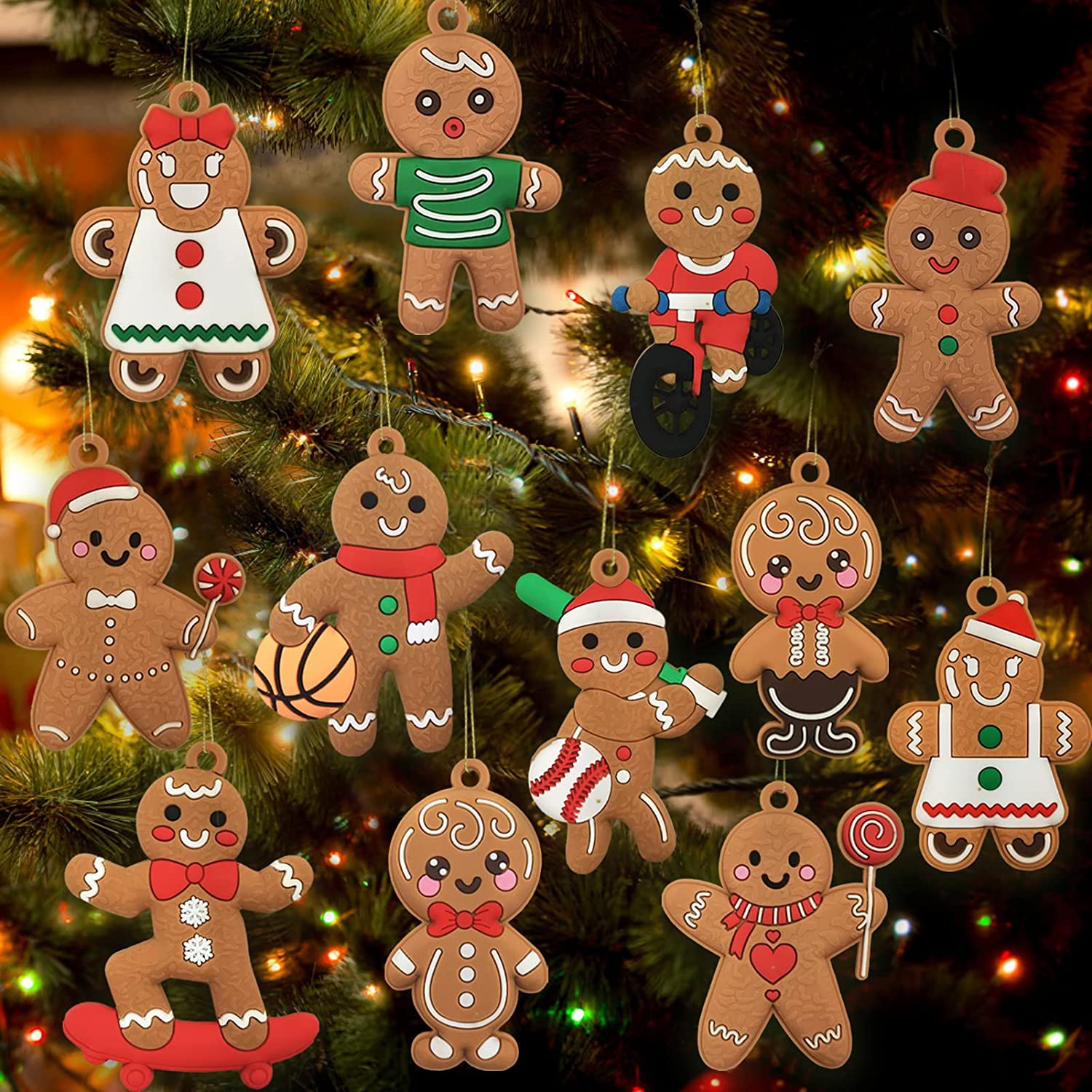 12pcs Christmas Gingerbread Man Ornaments Assorted Plastic Figurines