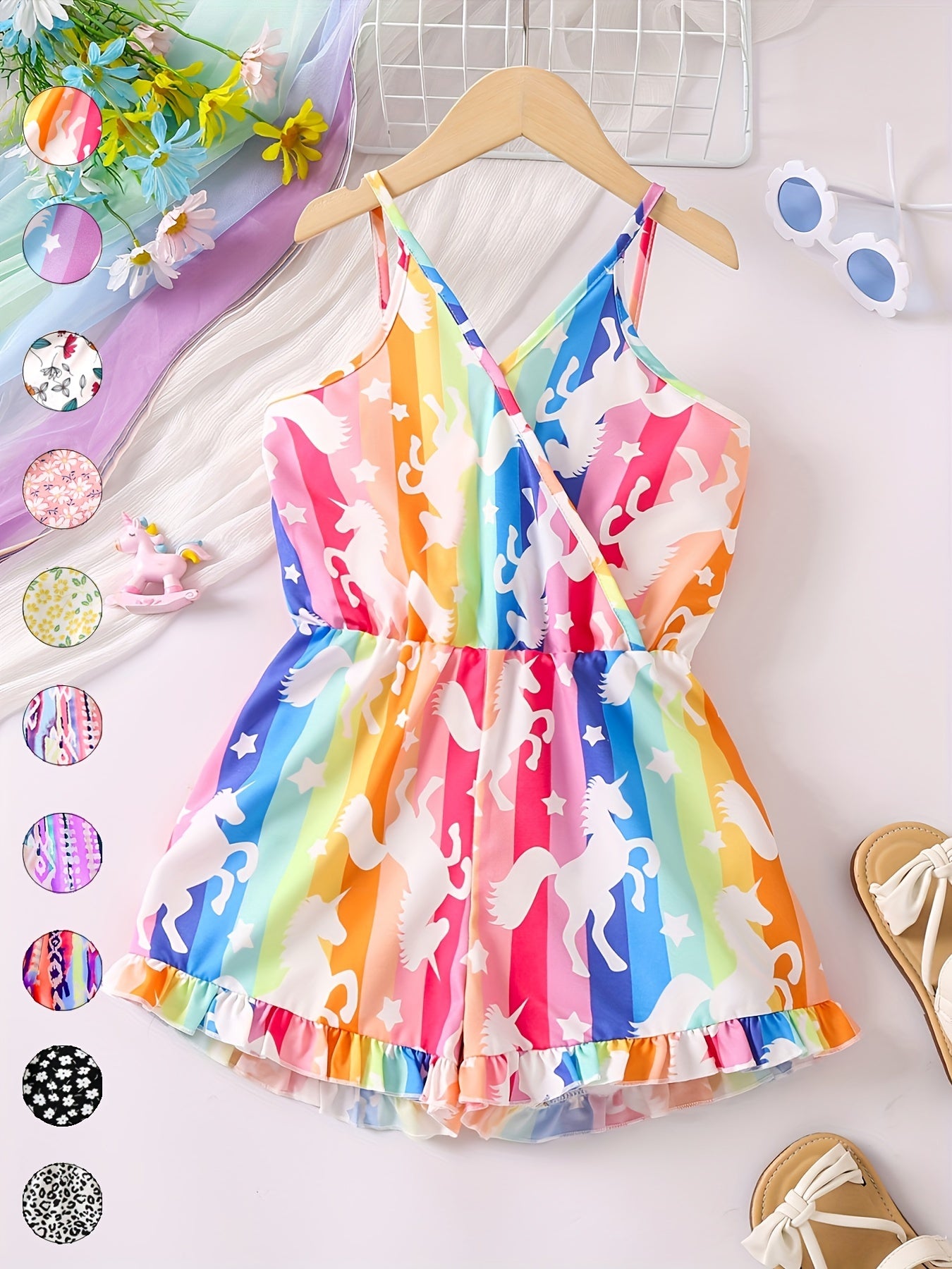 Girls Ditsy Floral & Rainbow Print Frilled Suspender Romper