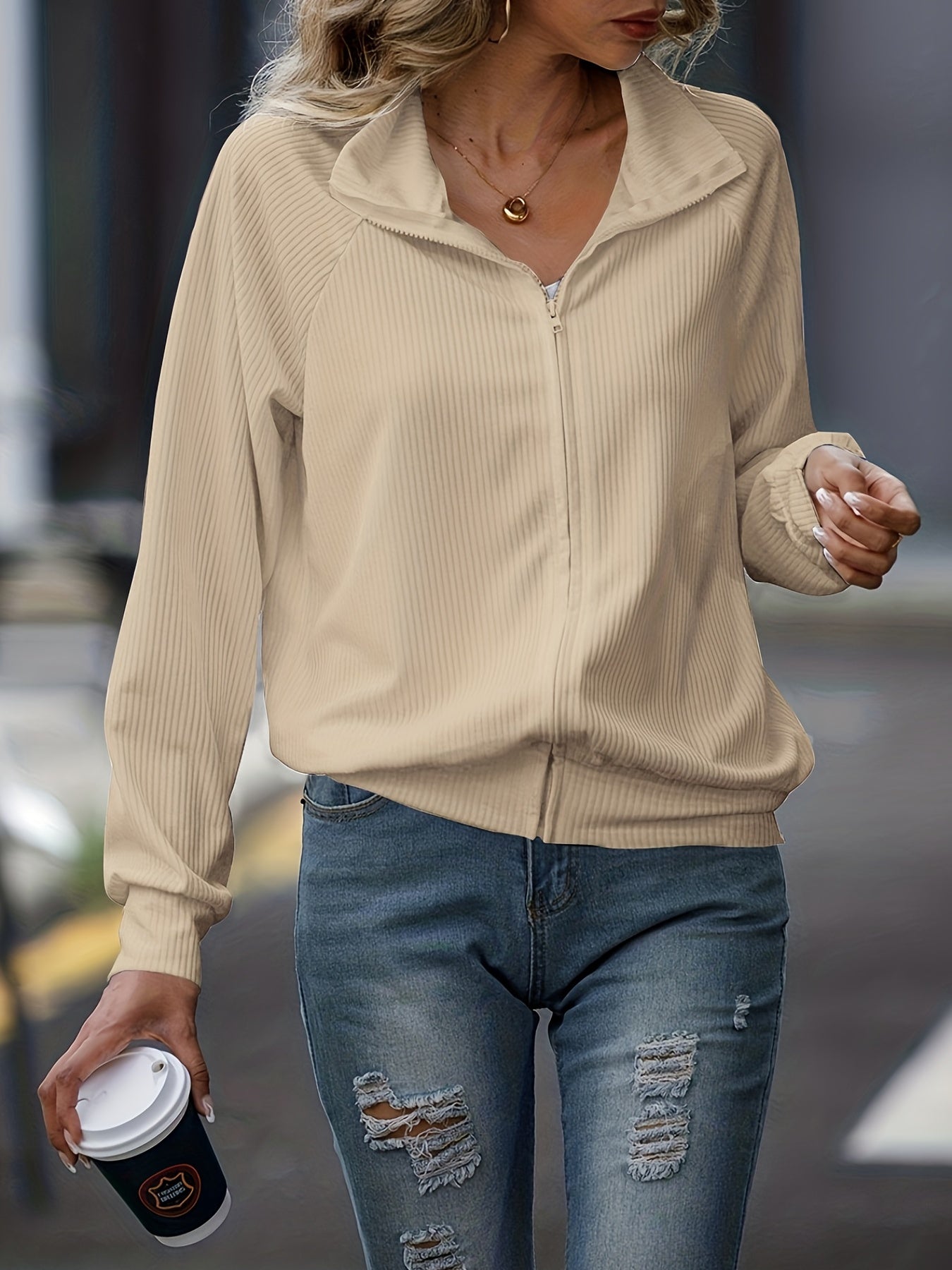Women's Loose Knit Sweatshirt Zipper Front Jacket