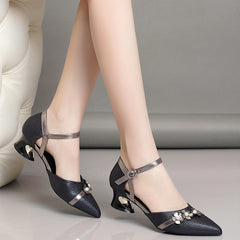 Flower Decor Chunky Heel Party Pumps Buckle Strap Dress Heels