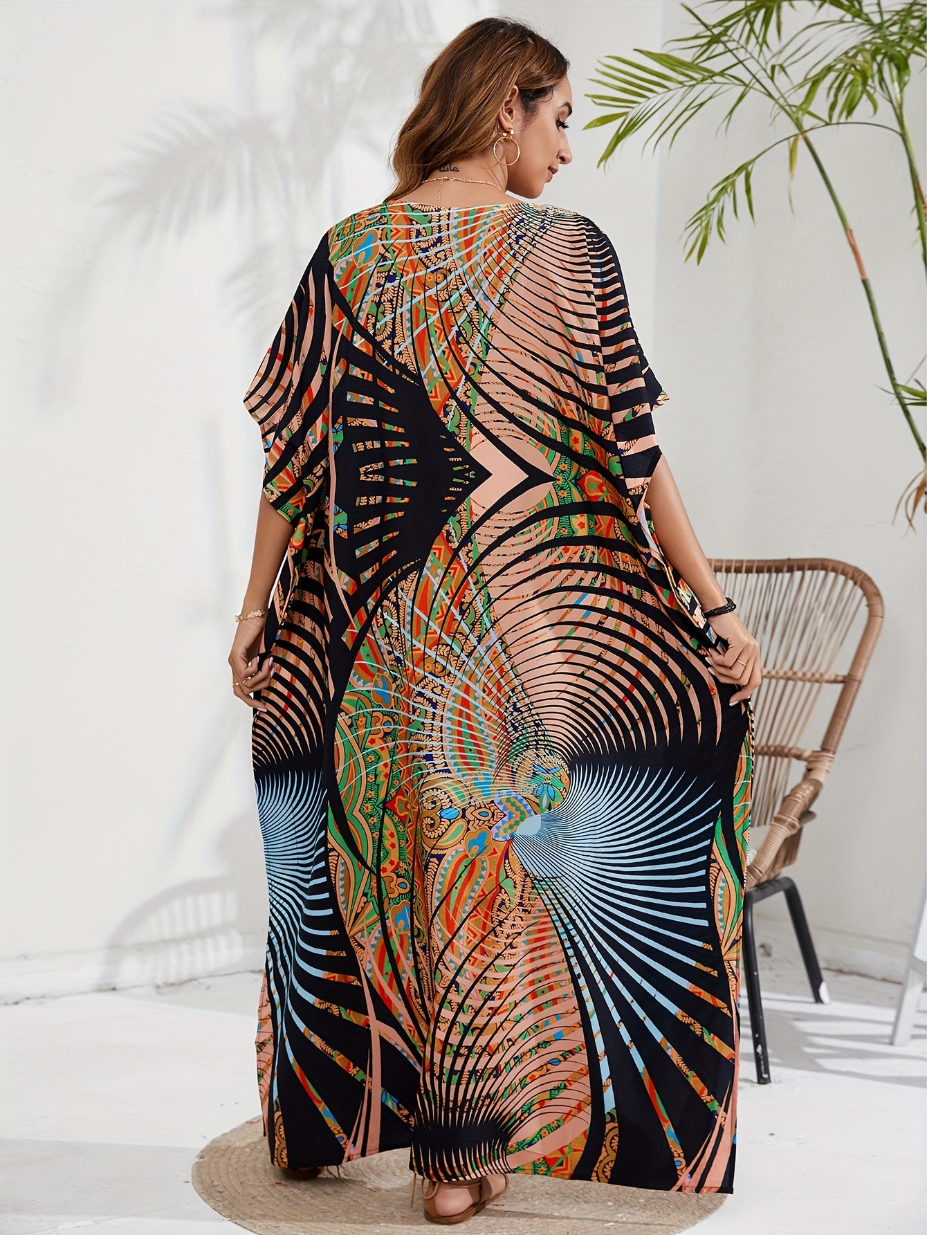 Boho Cover Up Plus Size Women's Batwing Sleeve V Neck Beach Cover Up Dress