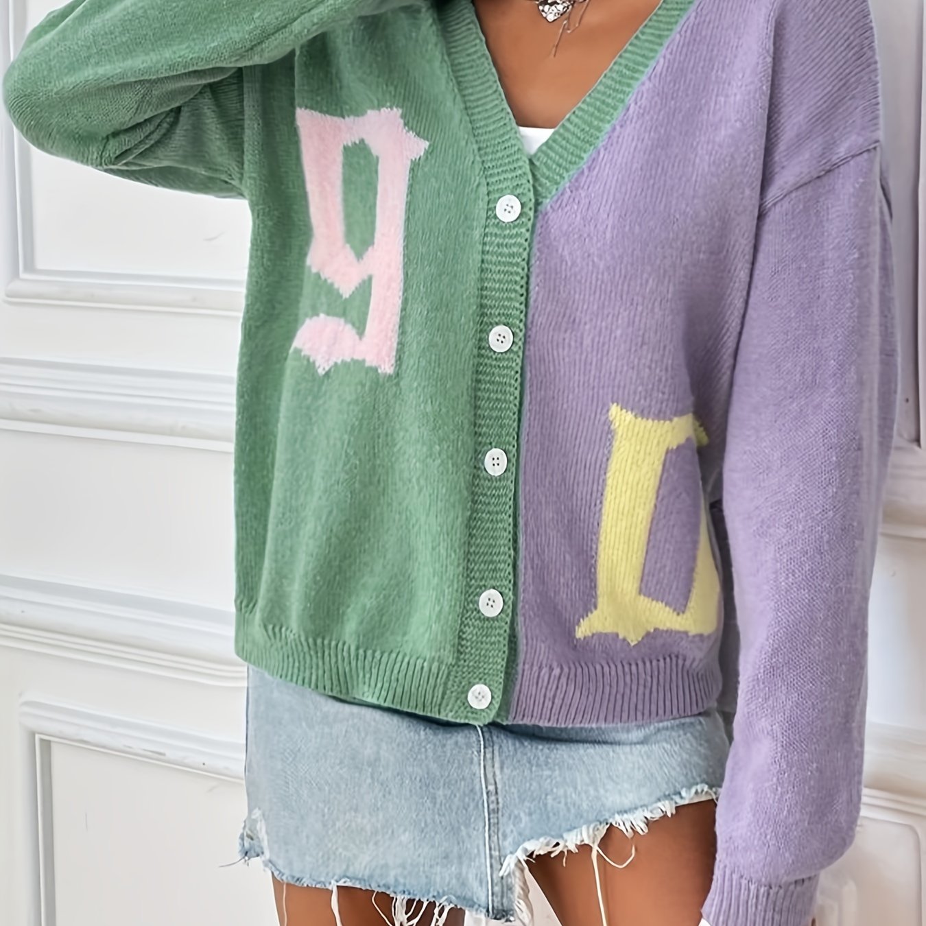 Letter Pattern Knit Cardigan Button Front Sweater