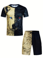 Men's Wolf Pattern T shirt & Active Shorts Set For Fitness