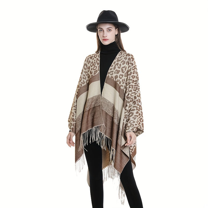 Leopard Print Striped Shawl Warm Windproof Fringed Shawl Wrap