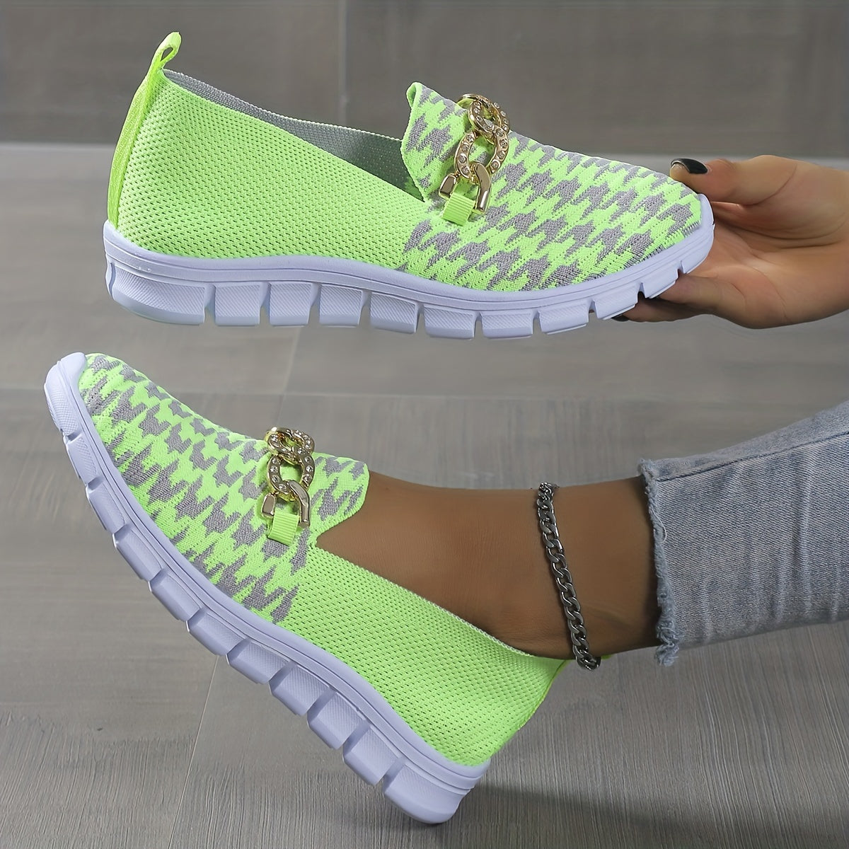 Metallic Chain Decor Slip-On Lightweight Flying Woven Shoes