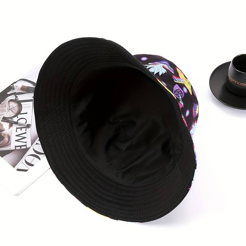 Y2K Mushroom Print Bucket Hat Cartoon Basin Hat Unisex Lightweight Fisherman Cap