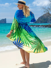Tropical Print Bat Sleeve Tie Front Midi Beachwear Cardigan