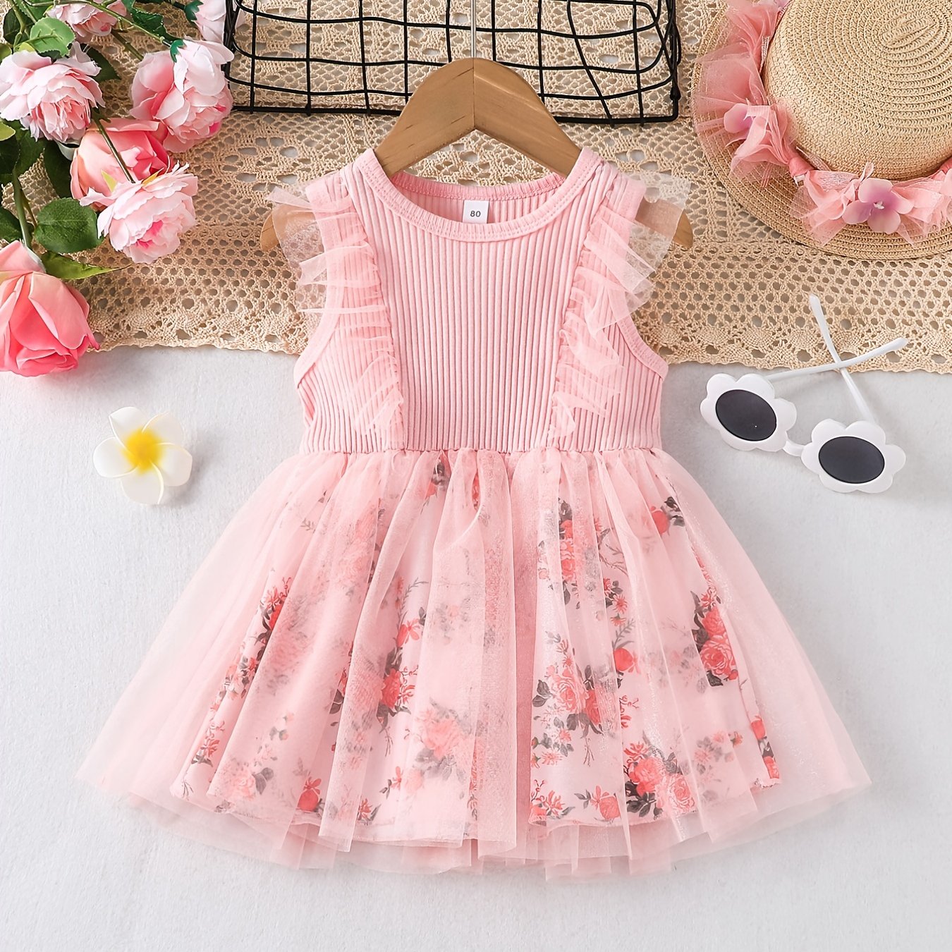 Girls Floral Sleeveless Mesh Dress