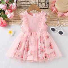 Girls Floral Sleeveless Mesh Dress