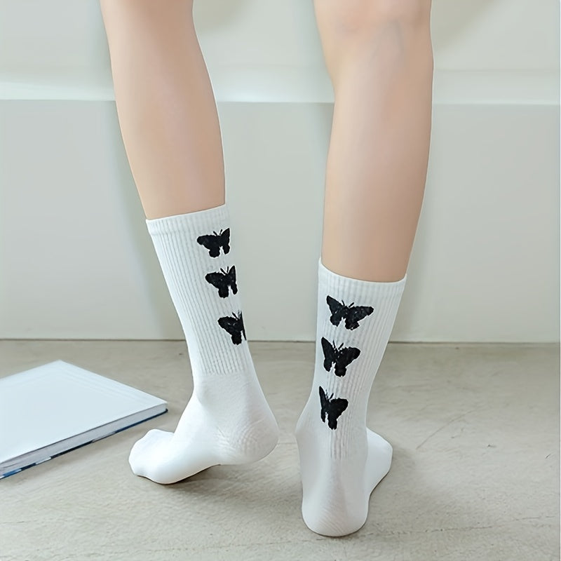6 Pairs Butterfly Print Ribbed Socks Women's Mid Tube Stockings