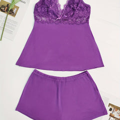Lace Stitching Pajama Set V Neck Cami & Shorts