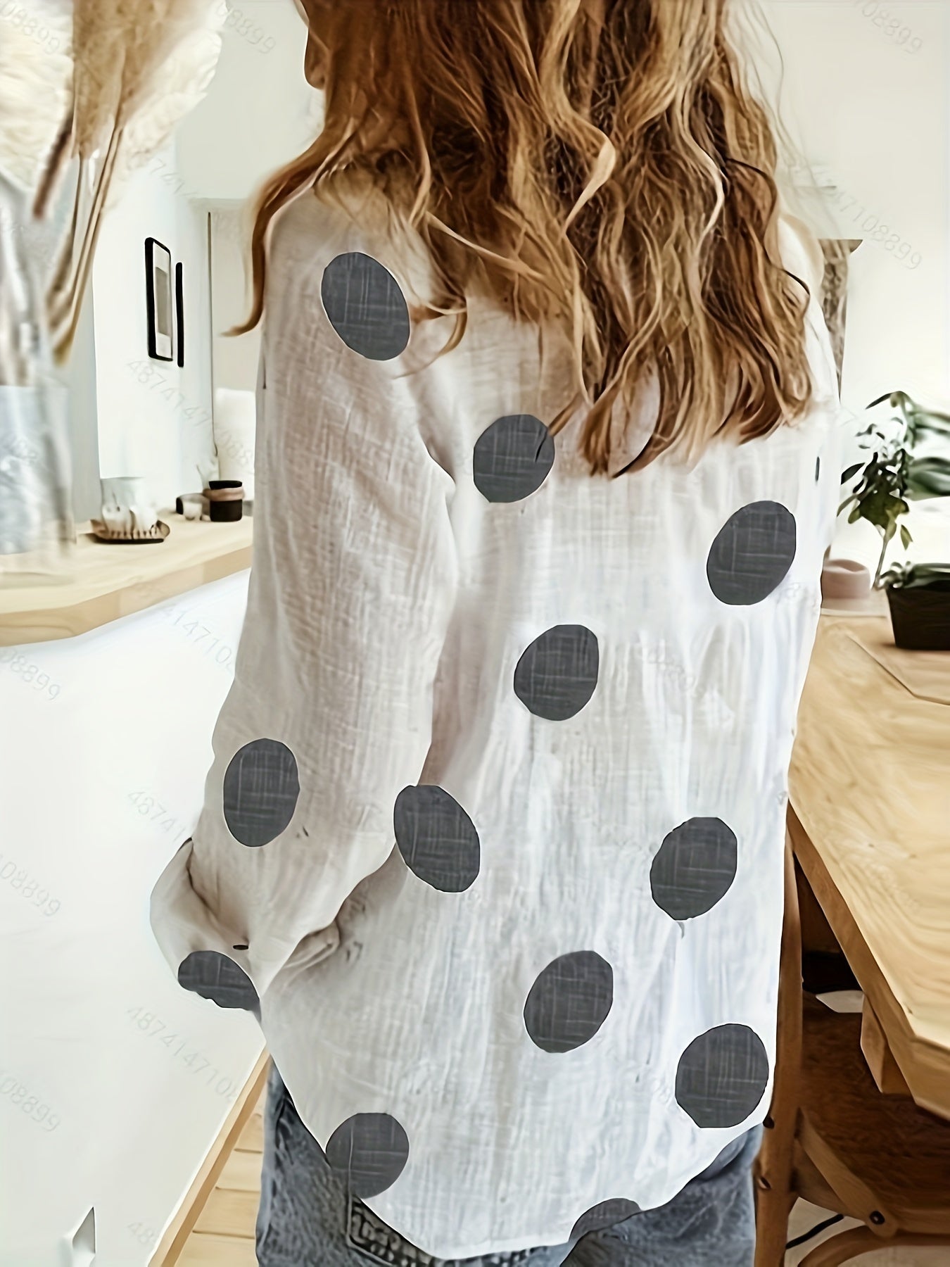 Dot Print Button Up Blouse Long Sleeve