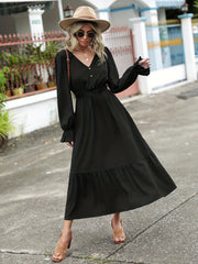 Plus Size Solid Button Lantern Sleeve V Neck Maxi Smock Dress